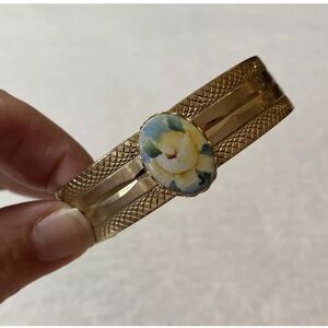 Vintage 1980s Handmade Bracelet Cuff‎ Yellow Floral Stone Decoration Brass?